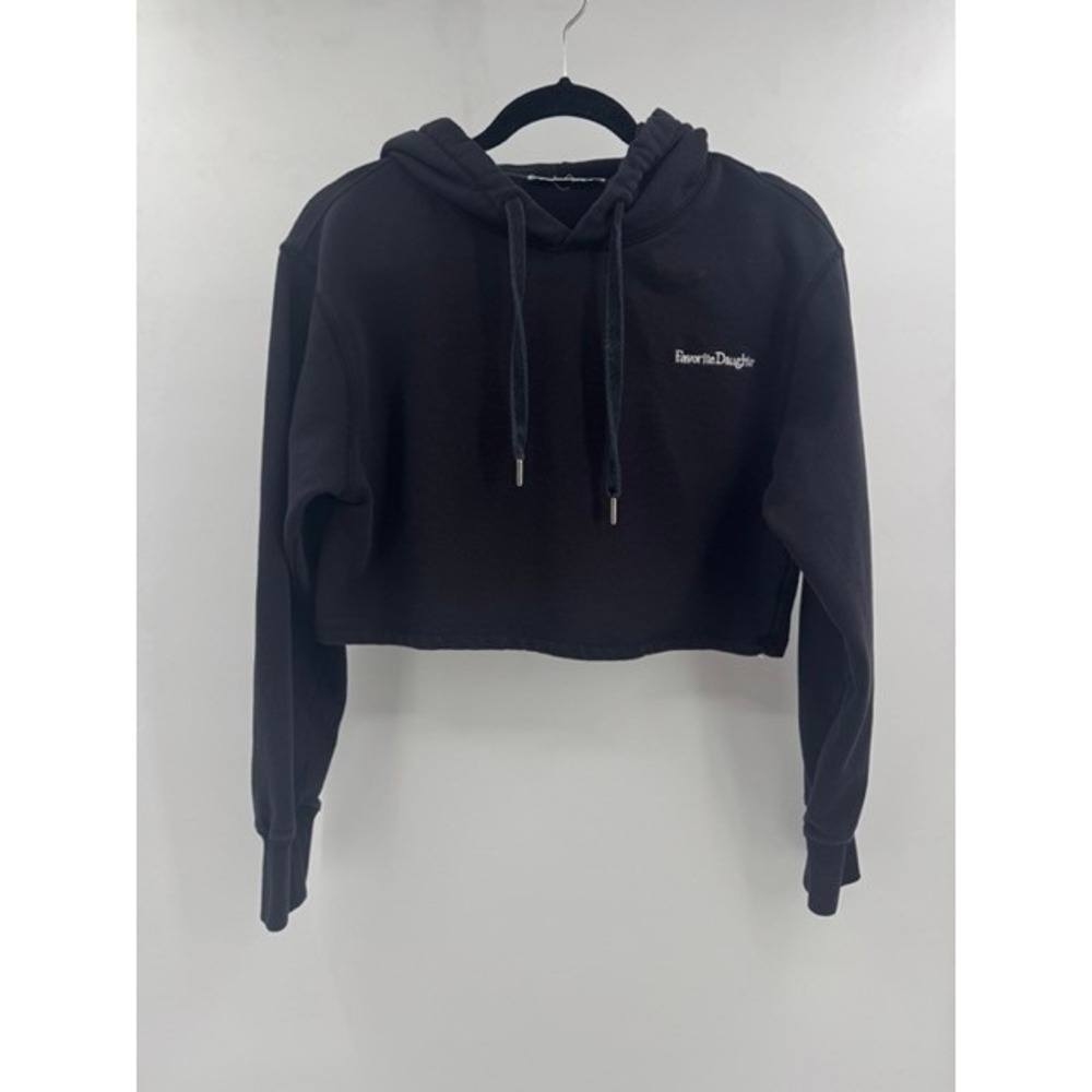 Favorite Daughter Womens Black Cropped Embroidered Hoodie Sweatshirt XS Cotton